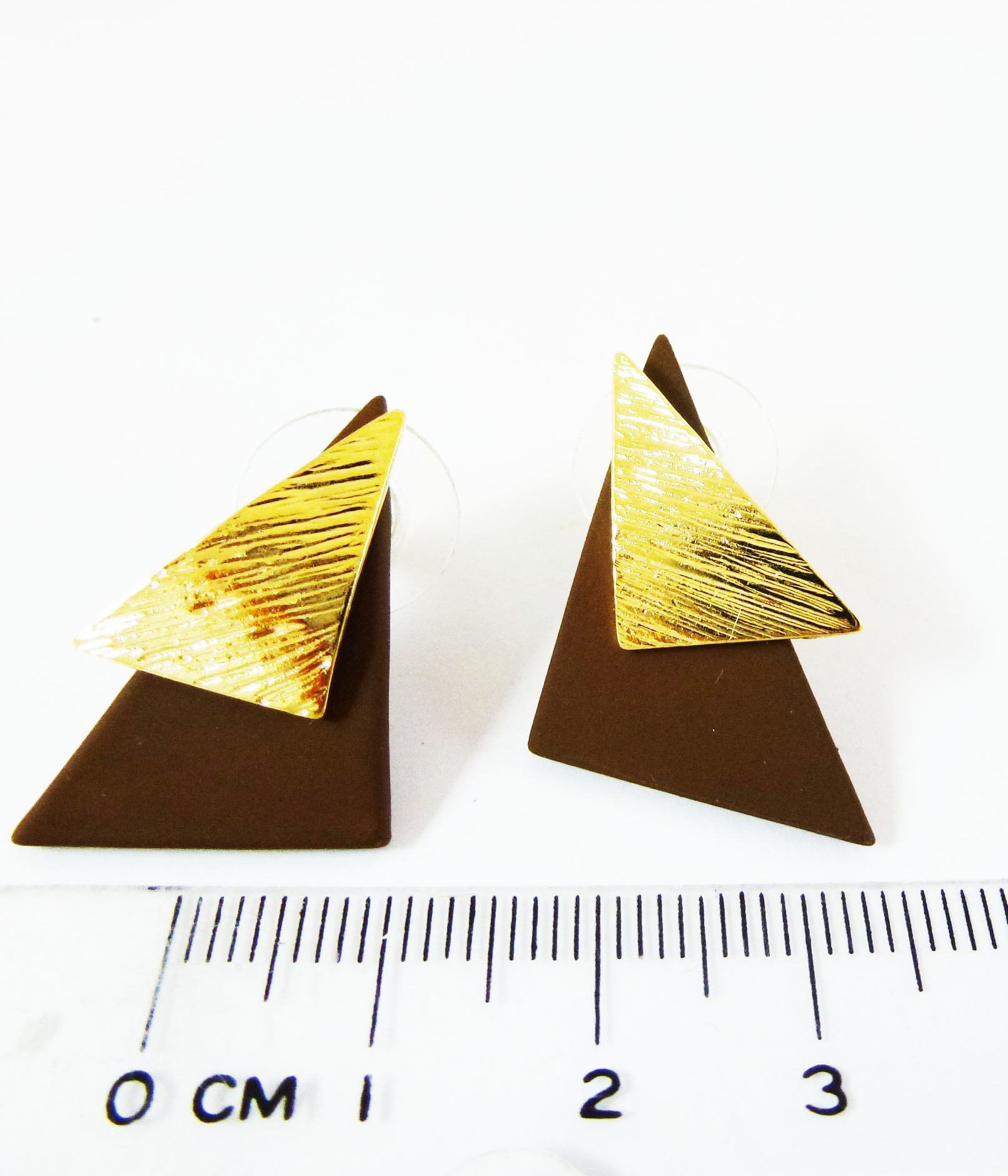雙層三角形不鏽鋼鍍金耳針-咖啡