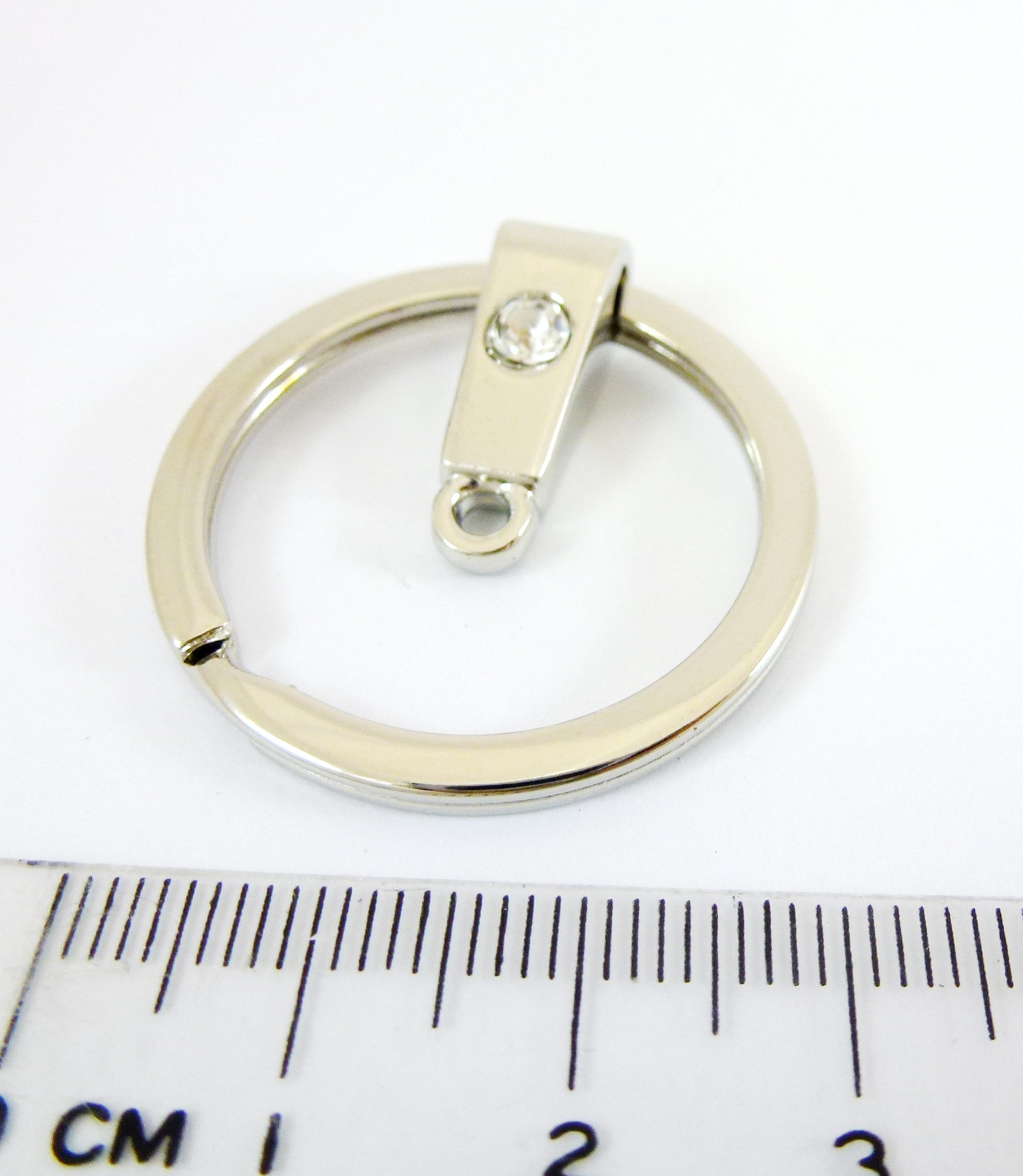 30mm銅鍍正白K色圓形雙圈加T形墜鑲單鑽鑰匙圈