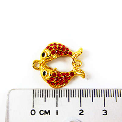 銅鍍金色雙孔鑲鑽雙魚-紅色
