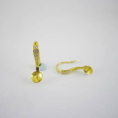 純銀鍍金色葉形鑲鑽耳鉤附圓盤黏針
