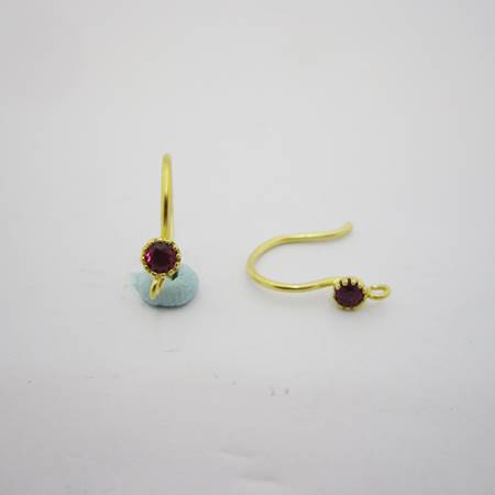 純銀鍍金色圓形鋯石耳鉤-暗紅