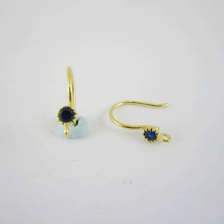 純銀鍍金色圓形鋯石耳鉤-深藍