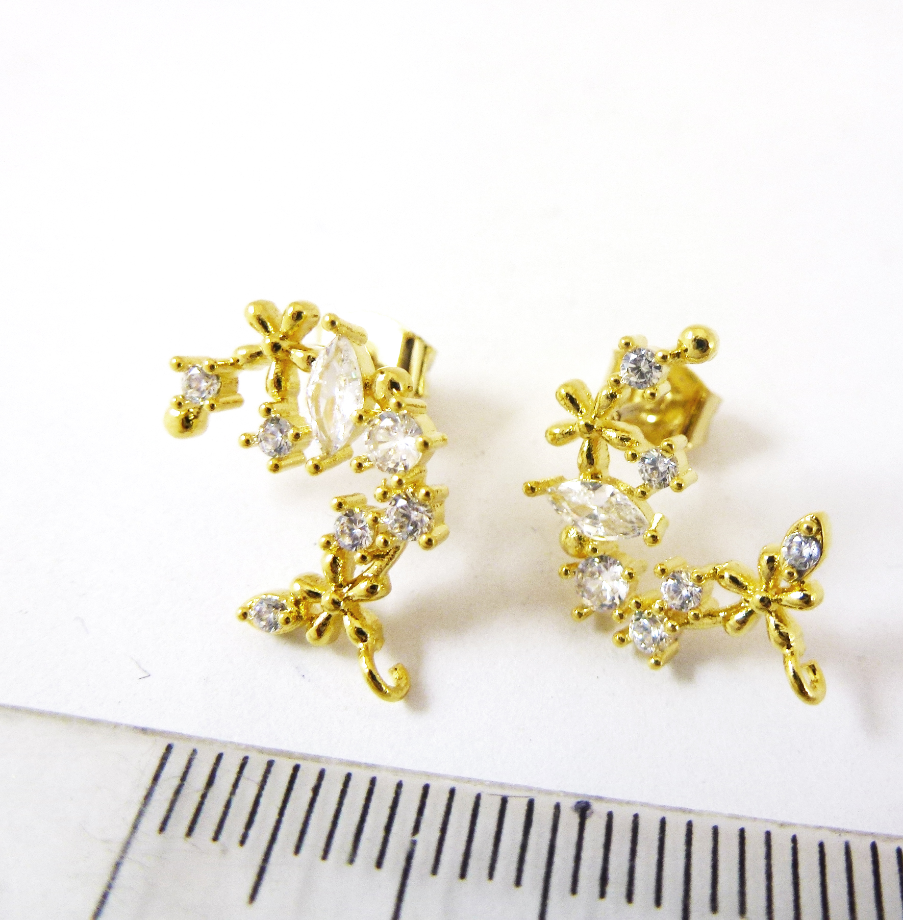 銅鍍金色半圓藤蔓花鑲鑽純銀耳針